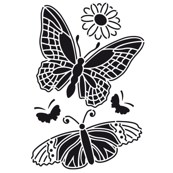 Pochoir en plastique Motif 2 grands Papillons, 2 petits papillons et 1 fleur, Planche A4 - Photo n°1