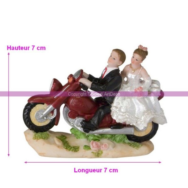 Couple de mariés à moto en résine pour décoration de mariage, Motards de 7 cm de haut sur 9 cm de lo - Photo n°1