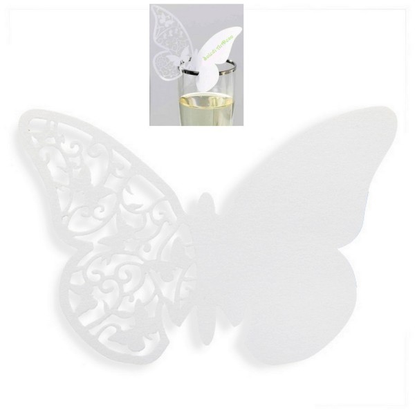 Lot de 10 Marque places Papillon cartonné Blanc, Haut. 8cm x larg. 12cm, mariage champêtre vintage - Photo n°1