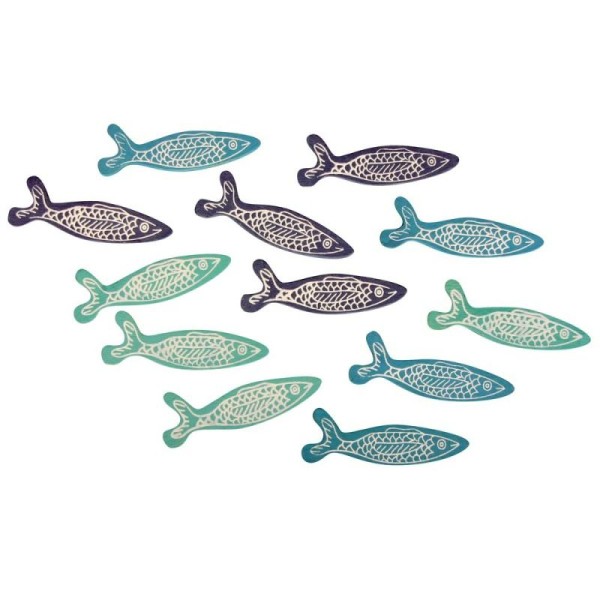 Lot de 12 miniatures poissons en bois peint en bleu clair, turquoise et marine, 6cm x 1,5cm cm &agra - Photo n°1