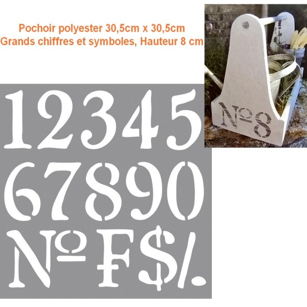 Pochoir polyester 30,5cm x 30,5cm, Grands chiffres et symboles, Hauteur 8 cm - Photo n°2