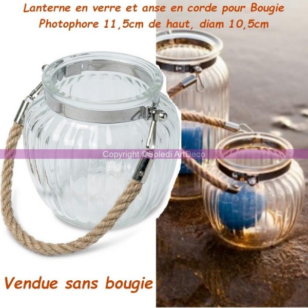 Lanterne en verre Ronde et bombée, Anse en corde pour Bougie, Photophore 11,5cm de haut, diam - Photo n°1