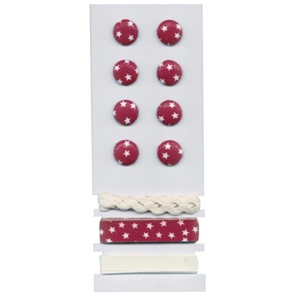 Sachet 8 Boutons et 3x 1mètre de rubans, Motif Etoiles, Blanc et Rouge - Photo n°1