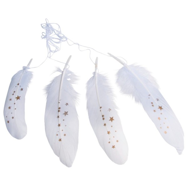 Lot de 4 plumes véritables blanches, étoiles dorées, Longueur 15-17 cm, avec ficelle, à suspendre - Photo n°1