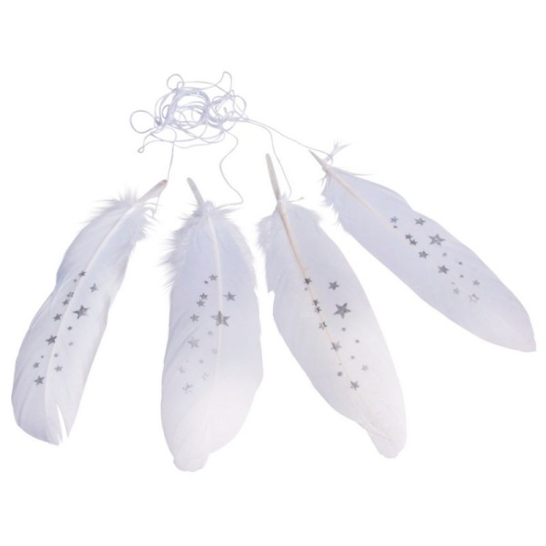 Lot de 4 plumes véritables blanches avec étoiles argentées, Longueur  15-17 cm, avec ficelle,  suspe - Photo n°1