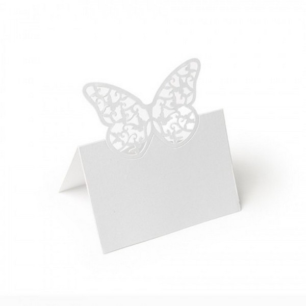 Lot de 20 Marque places Papillon, effet Blanc irisé, Haut. pliée 9cm x larg. 8cm, mariage champêtre - Photo n°1