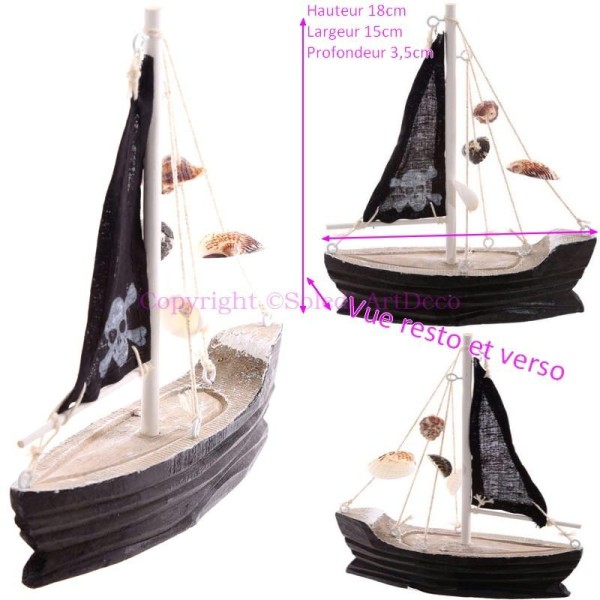 Bateau Pirate à voiles et coquillages décoratifs en bois, Voilier Tissu tissu noir et - Photo n°1