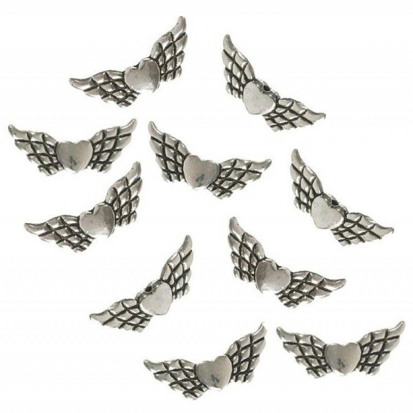 Lot de 10 Perles percées formes Ailes d'ange de 23 mm de long, en métal argenté - Photo n°1