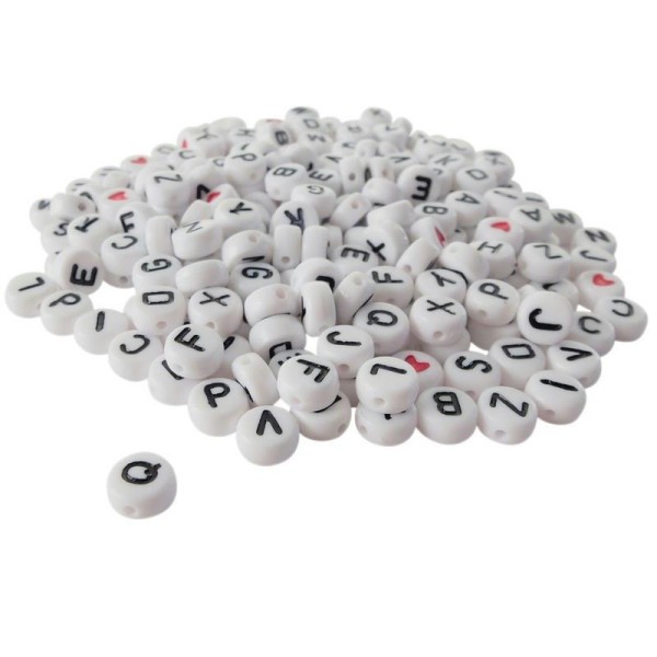 Lot de 250 Perles plastique blanc Lettres noires et Coeurs rouges, 6x4mm, Alphabet Imprimé recto-ver - Photo n°1
