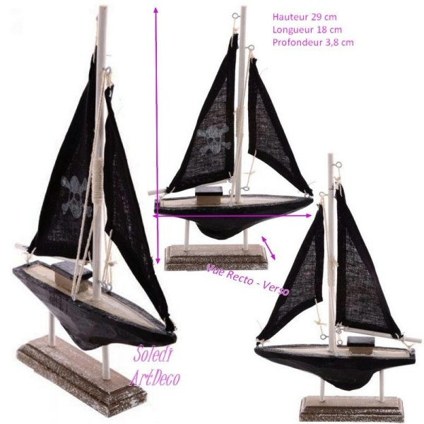 Bateau Pirate décoratif en bois sur socle, Voilier Tissu tissu noir, Tête de mort, et c - Photo n°1