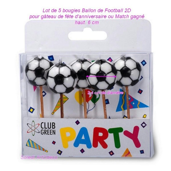 Lot de 5 bougies Ballon de Football 2D à fond plat, pour gâteau de fête d'an - Photo n°1