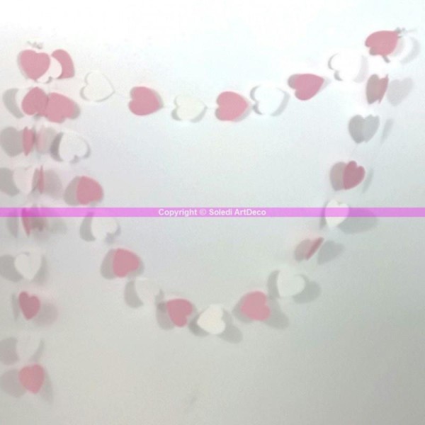 Guirlande de petits Coeurs de 6cm, en Papier Rose doux et blanc, long. totale 4m, pour baby Shower e - Photo n°1