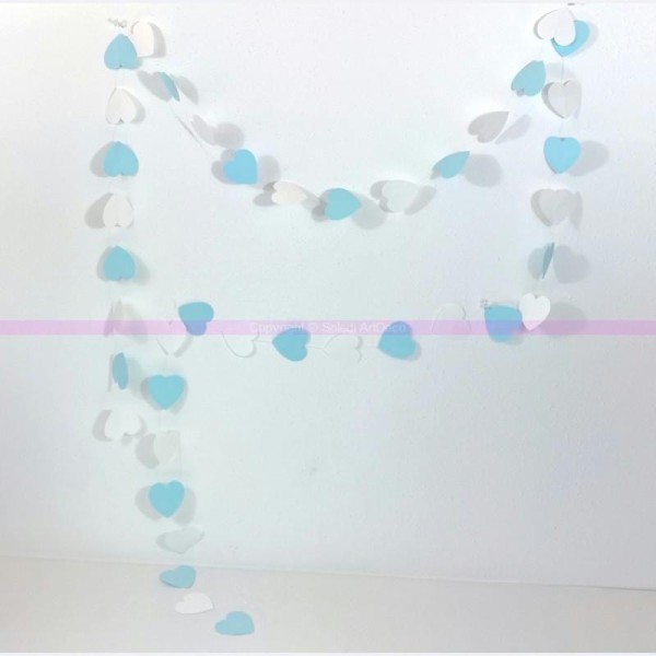 Guirlande de petits Coeurs de 6cm, en Papier Bleu nuage et blanc, long. totale 4m, pour baby Shower - Photo n°1