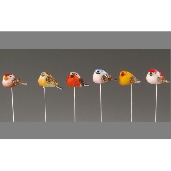 Lot de 6 oiseaux décoratifs coloris assortis de 2,5 cm, avec écorce sur tige - Photo n°1