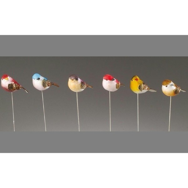 Lot de 6 oiseaux décoratifs coloris assortis de 3,5 cm, avec écorce sur tige - Photo n°1