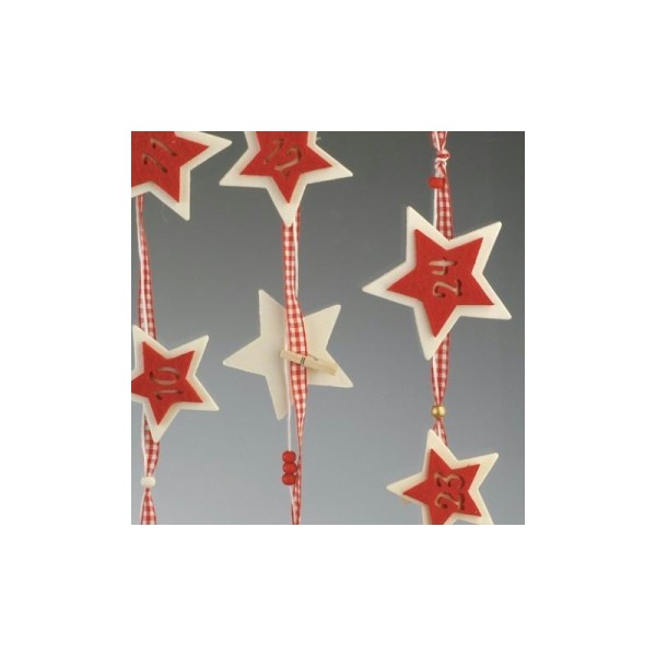 Guirlande étoiles en bois et feutrine pour Calendrier de l'Avent, Ruban à carreau - Photo n°1