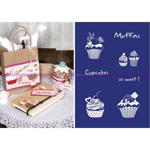 Pochoir autocollant Sweet Cupcakes, Muffins, Format A5, + raclette, sous blister - Photo n°2