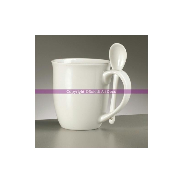 Tasse et cuillère en porcelaine blanche, haut 9,6 cm - Photo n°1