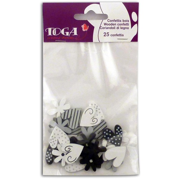 Miniatures en bois Confettis Coeurs et fleurs noir et blanc 2 cm - 25 pièces - Photo n°1