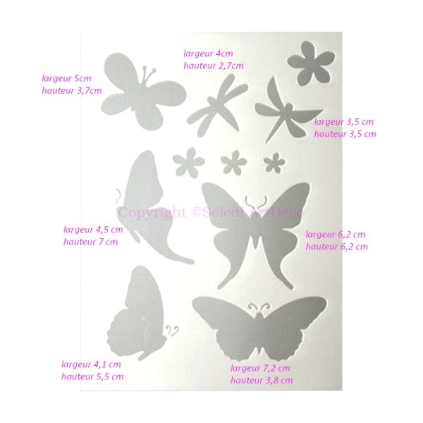 Pochoir plastique blanc, 7 papillons de 3,5cm à 7,2cm et 4 Fleurs, Format A5 - Photo n°1