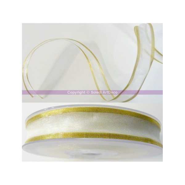 Ruban organdi blanc avec bord doré, largeur 15 mm, Rouleau en organza de 25 mètres - Photo n°1