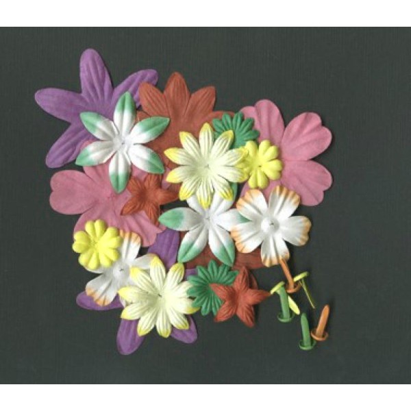 24 fleurs en papier + brads assortis décoration scrapbooking MULTICOLOR - Photo n°1