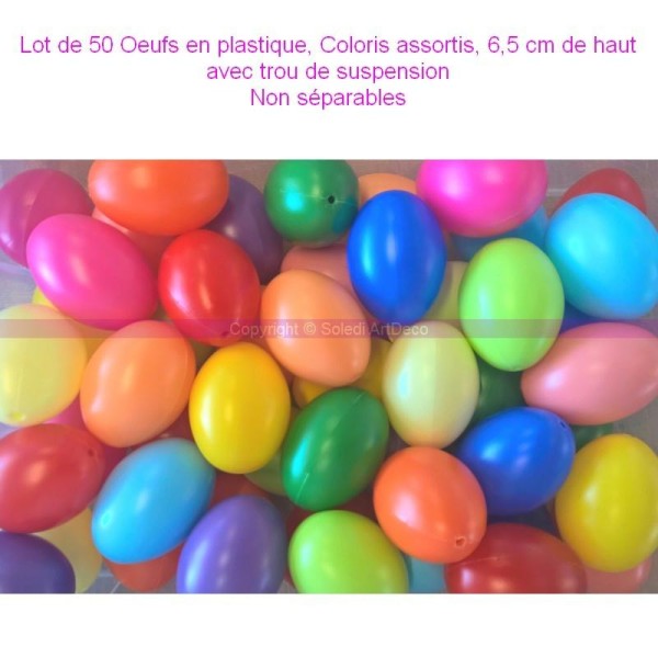 Lot de 50 Oeufs en plastique, Coloris assortis, 6,5 cm de haut, idéal pour la chasse aux oeuf - Photo n°1