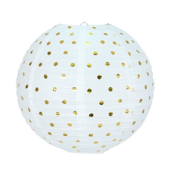 Lanterne Japonaise blanche à pois or, diam. 35 cm, Lampion boule Papier, à suspendre - Photo n°1