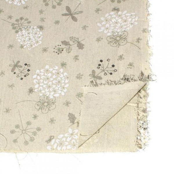 Tissu coton lin patchwork décoration couture 50 x 45 cm FLEUR BLANCHE VERTE - Photo n°1