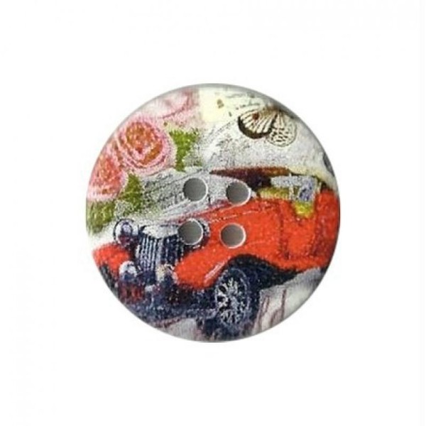 4 boutons ronds en bois scrapbooking décoration 3 cm VOITURE ANCIENNE FLEUR ROSE - Photo n°1