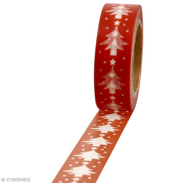 Masking tape Sapins blancs sur fond rouge - 1,5 cm x 10 m - Photo n°1