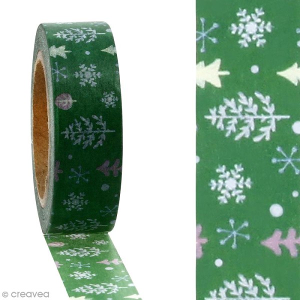 Masking tape Sapins et flocons sur fond vert - 1,5 cm x 10 m - Photo n°2