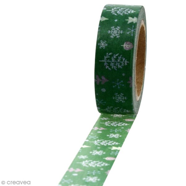 Masking tape Sapins et flocons sur fond vert - 1,5 cm x 10 m - Photo n°1
