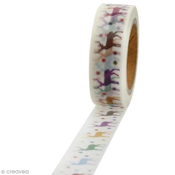 Masking tape Cerfs colorés sur fond blanc - 1,5 cm x 10 m - Photo n°1