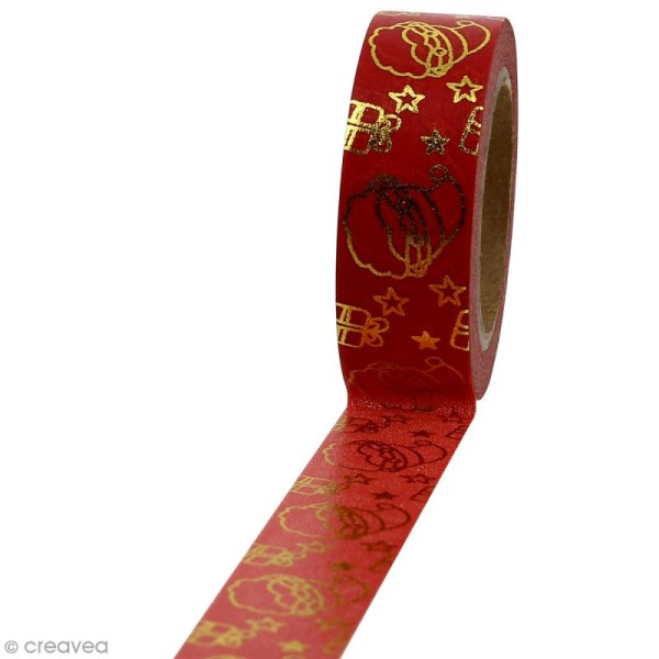 Masking tape Pères Noël dorés sur fond rouge - 1,5 cm x 10 m - Photo n°1