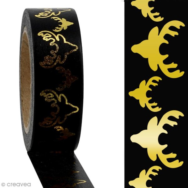 Masking tape Têtes de renne dorées sur fond noir - 1,5 cm x 10 m - Photo n°2