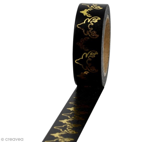 Masking tape Têtes de renne dorées sur fond noir - 1,5 cm x 10 m - Photo n°1