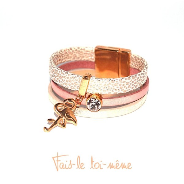 Bracelet en cuir rose et chair, Swarovski et flamant rose - Photo n°1