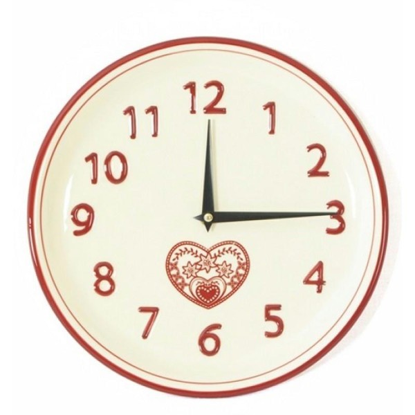 Pendule murale avec coeur rouge brique diam. 26cm, horloge en céramique vitrifiée rust - Photo n°1