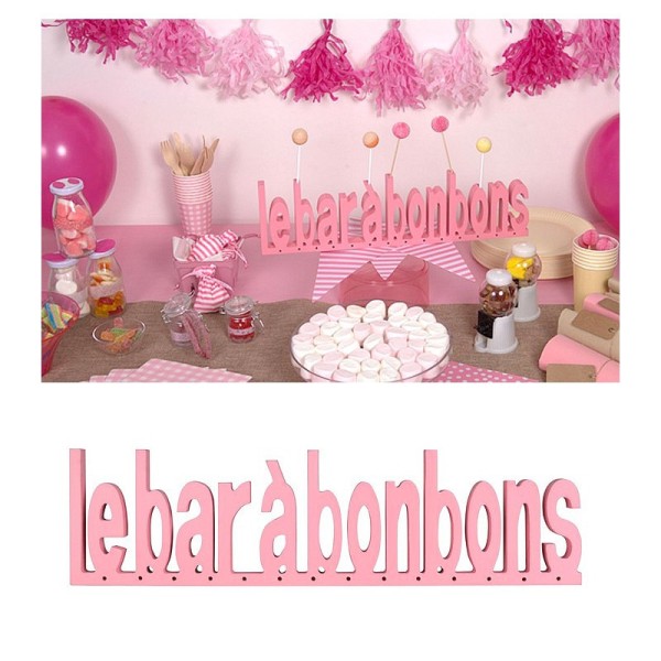 Bar à bonbons en Bois Rose pour anniversaire, baby shower ou mariage dim. 44.50 X 12 X 3.50 cm - Photo n°1