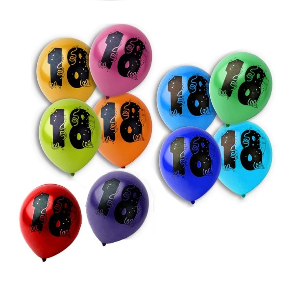 Lot de 10 Ballons de baudruche Anniversaire 18 ans, Diam. 28 cm, Coloris métalliques aléatoires - Photo n°1