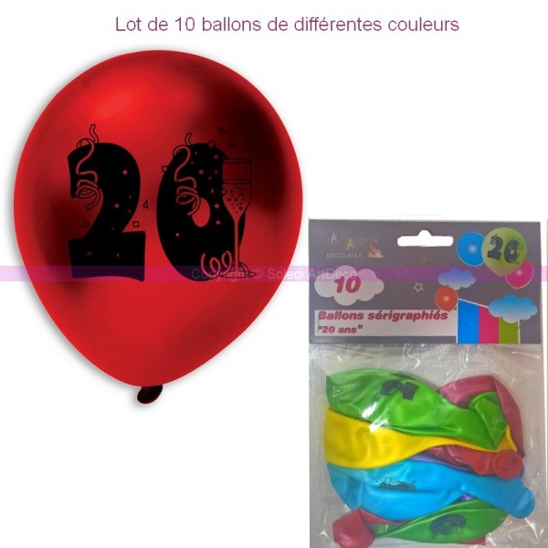 Lot de 10 Ballons de baudruche sérigraphiés 20 ans, Diam. 28 cm , pour déco anniversaire - Photo n°1