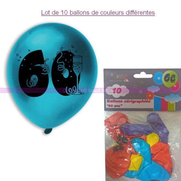 Lot de 10 Ballons de baudruche sérigraphiés 60 ans, Diam. 28 cm , pour déco anniversaire - Photo n°1