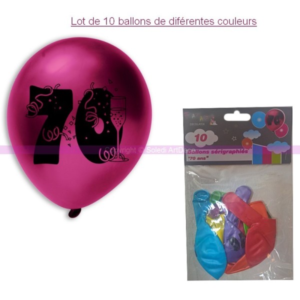 Lot de 10 Ballons de baudruche sérigraphiés 70 ans, Diam. 28 cm , pour déco anniversaire - Photo n°1