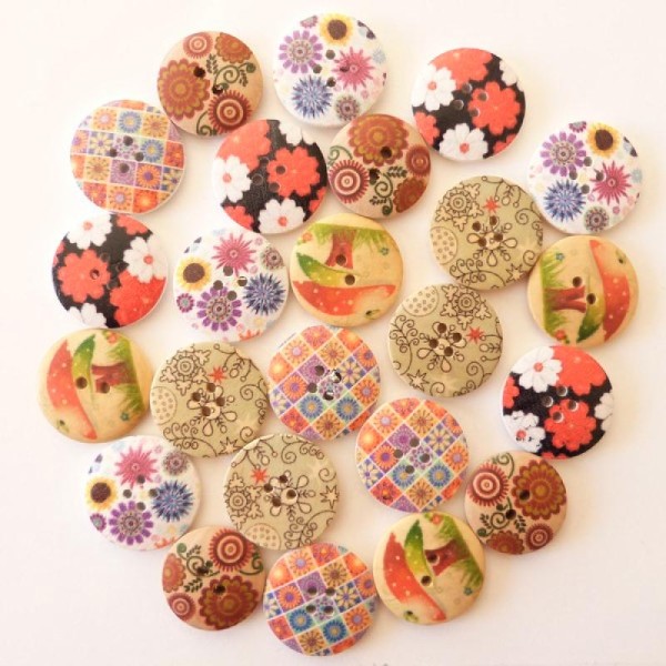 24 boutons ronds bois 2,2 - 2,5 cm couture scrapbooking  ASSORTIES - Photo n°1