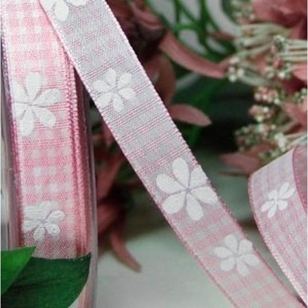 2 m de ruban polyester 1.5 cm couture scrapbooking décoration FLEURI VICHY ROSE - Photo n°1
