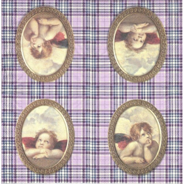 4 Serviettes en papier Ange sur tissu écossais lilas Format Cocktail - Photo n°1