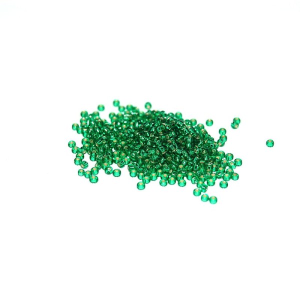 10 G  (+/- 875 perles) rocailles 11/0 vert foncé intérieur argent - Photo n°1