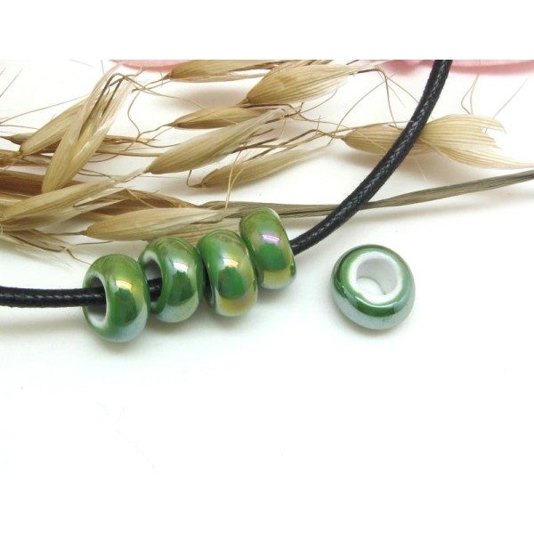 Lot de 2 Perles Rondelles Céramique Irisée Vert  - 13*6 mm - Photo n°1