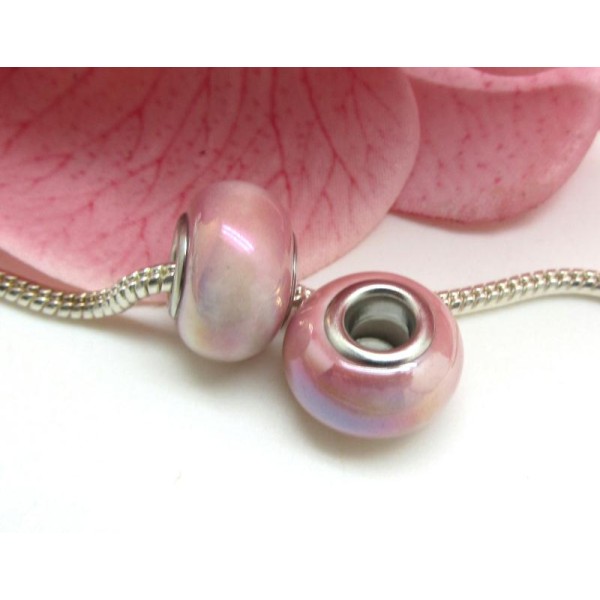 2 Perles Céramique Rose Délavé Gros trou Argenté - 15*9 mm - Photo n°1